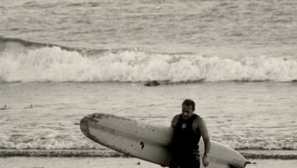 Prof. Thomas C. Bruice with his surfboard at Goleta Point, CA